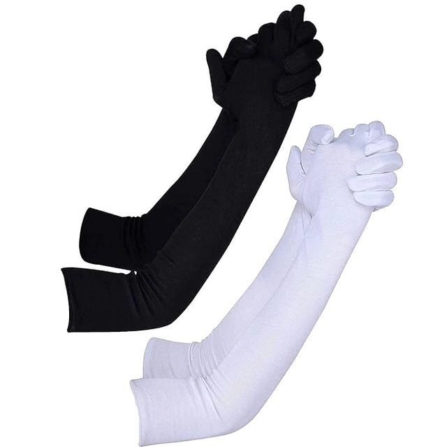 Cotton Solid Full Hand Gloves for Men & Women (Black & White, Set of 2)