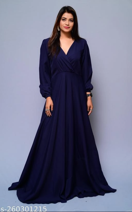 Crepe Solid Gown for Women (Navy Blue, XS)