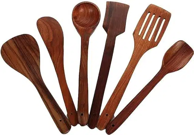 Wooden Cooking & Serving Spoons (Brown, Set of 6)