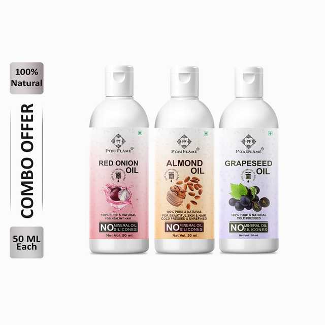 Puriflame Pure Red Onion Oil (50 ml), Almond Oil (50 ml) & Grapeseed Oil (50 ml) Combo for Rapid Hair Growth (Pack Of 3) (B-12902)