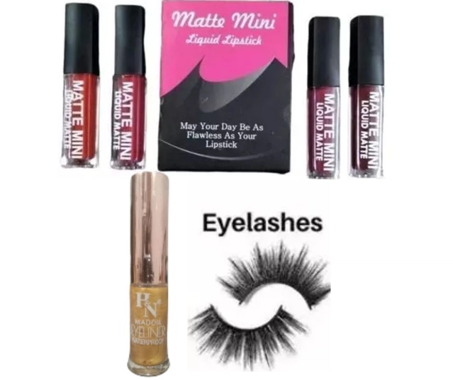 Combo of Matte Mini Liquid Lipsticks (4 Pcs) with Golden Eyeliner & Eyelashes (Multicolor, Set of 3)