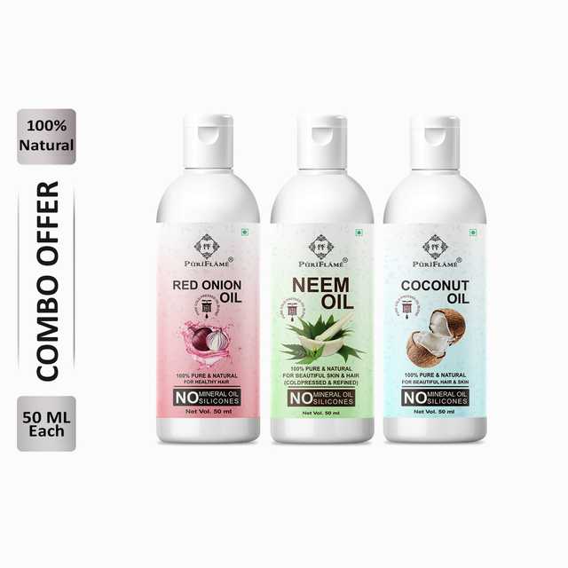 Puriflame Pure Red Onion Oil (50 ml), Neem Oil (50 ml) & Coconut Oil ( 50 ml) Combo for Rapid Hair Growth (Pack Of 3) (B-13088)