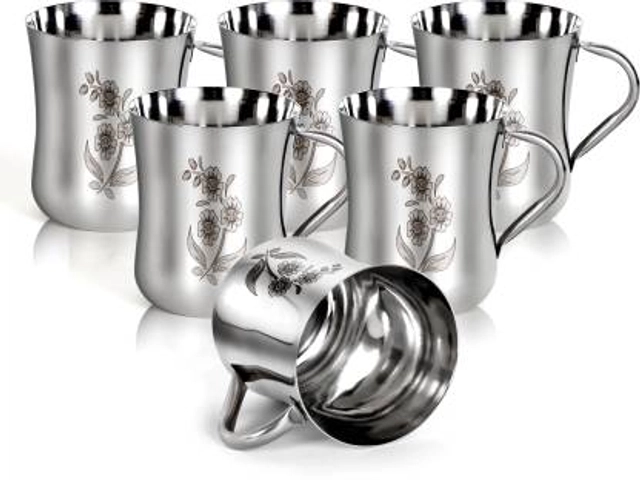 LEROYAL Stainless Steel Floral Design Print Coffee and Tea Cup  (Silver, Pack of 6)