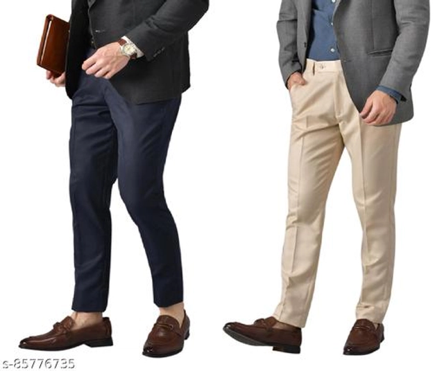 Cotton Blend Formal Pant for Men (Navy Blue & Cream, 28) (Pack of 2)