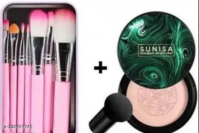 Sunisa Liquid Foundation with 7 Pcs Makeup Brushes (Multicolor, Set of 2)