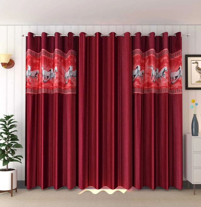 Polyester Room Darkening Printed Door Curtains (Maroon, 7 Feet) (Set of 3)