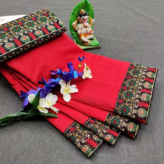 Inder Fashion Chanderi Cotton Saree With Running Blouse For Women (Red, 6.30 m) (IF-1)