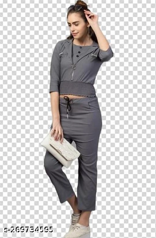 Cotton Blend Solid Top & Bottom Set for Women (Grey, L)