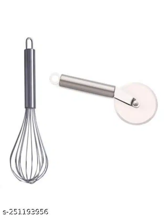 Stainless Steel Masher with Egg Beater & Pizza Cutter (Silver, Set of 3)