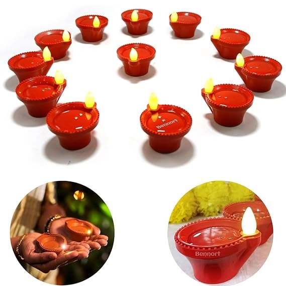 Plastic Traditional Water Sensor LED Diya for Diwali (Brown, Pack of 12)