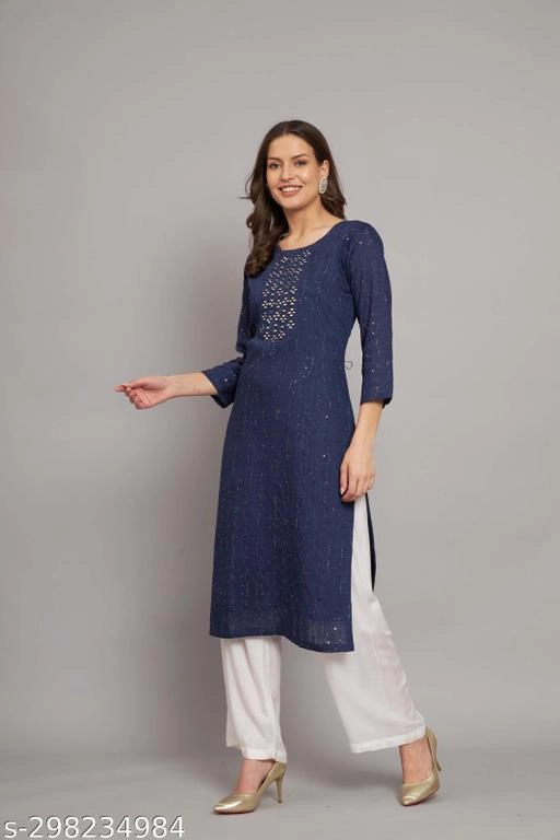 Cotton Embellished Kurti for Women (Navy Blue, M)