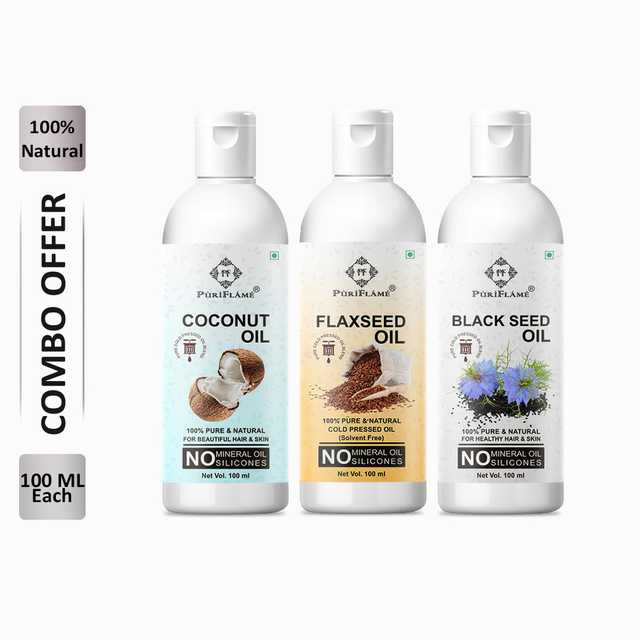 PuriFlame Pure Coconut Oil (100 ml) & Flaxseed Oil (100 ml) & Blackseed Oil (100 ml) Combo For Rapid Hair Growth (Pack Of 3) (B-3749)