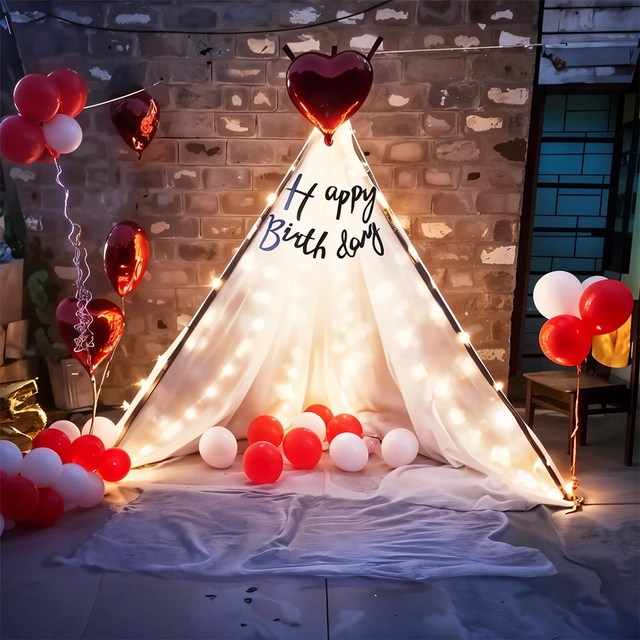 Birthday Cabana Tent Decorations - White Net Curtain with Happy Birthday Banner, LED Light, Metallic Balloons - Ideal for Husband, Wife, Boyfriend, Girlfriend Birthday Celebration (Kit 24 pcs)