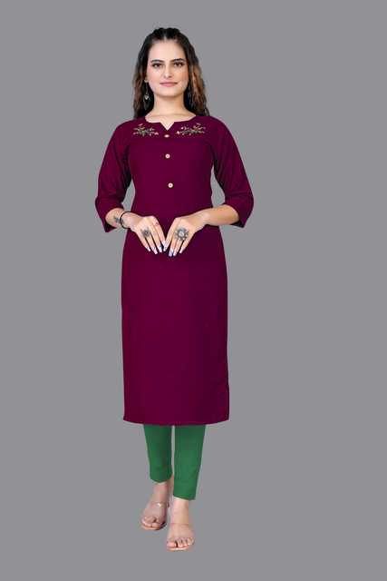 Catchy Forever Womens Embroidered Round Neck Three-Quarter Sleeves Hip Length Kurti (Wine, S) (C-24)