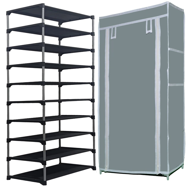 Metal 9 Layer Collapsible Shoe Rack (Grey)