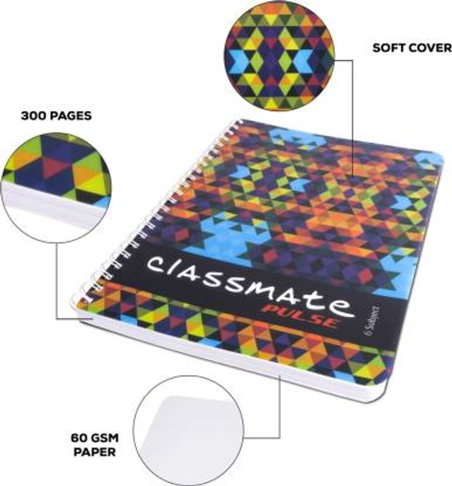 CLASSMATE A4 Pulse Unruled Notebook (300 Pages, Multicolor, Pack of 1)