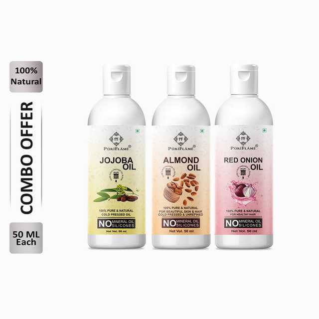 Puriflame Pure Jojoba Oil (50 ml), Almond Oil (50 ml) & Red Onion Oil (50 ml) Combo for Rapid Hair Growth (Pack of 3) (B-11378)
