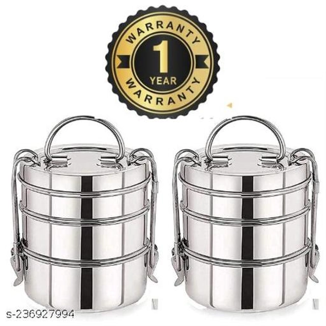 Stainless Steel 3 Layer Lunch Box (Silver, Pack of 2)