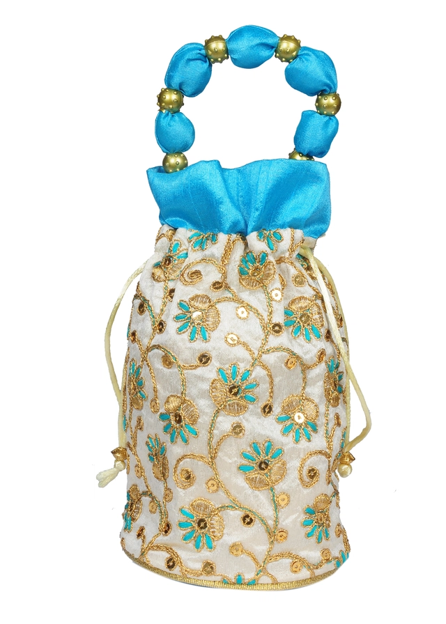 Silk Floral Ethnic Rajasthani Traditional Work Potli with Handle for Return Gifts (Turquoise)