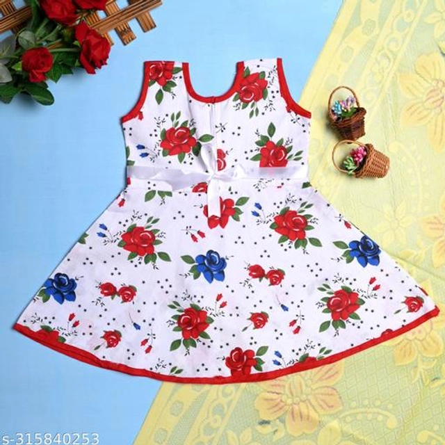 Cotton Frock for Girls (Red & White, 6-9 Months)