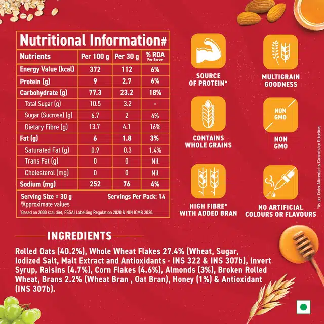 Bagrry's Crunchy Muesli with Akmonds, Raisins & Honey 40% Fibre Rich Oats 425 g