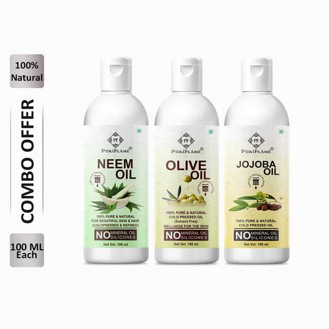 PuriFlame Pure Neem Oil (100 ml) & Olive Oil (100 ml) & Jasmine Oil (100 ml) Combo For Rapid Hair Growth (Pack Of 3) (B-5914)