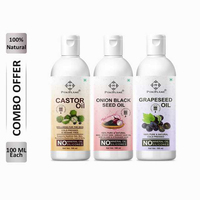 PuriFlame Pure Castor Oil (100 ml) & Onionblackseed Oil (100 ml) & Grapeseed Oil (100 ml) Combo For Rapid Hair Growth (Pack Of 3) (B-3536)