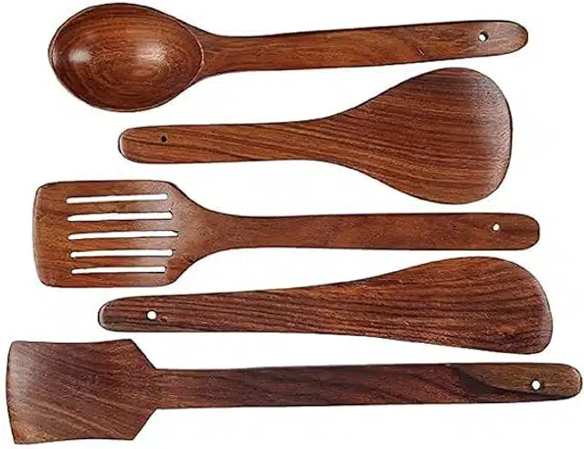 Wooden Cooking & Serving Spoons (Brown, Set of 5)