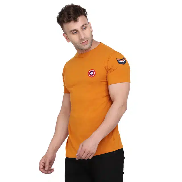 Men Solid Round Neck T-shirt (Mustard, S) (RSC-34)