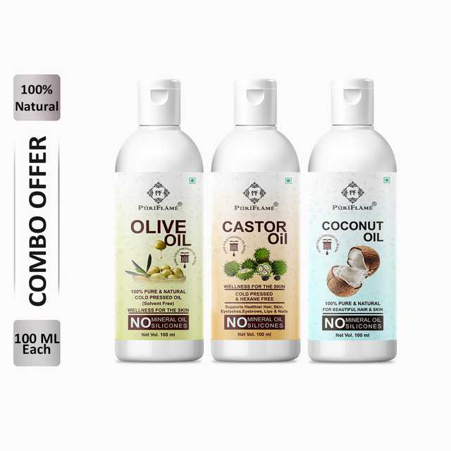 PuriFlame Pure Olive Oil (100 ml) & Castor Oil (100 ml) & Coconut Oil (100 ml) Combo For Rapid Hair Growth (Pack Of 3) (B-6125)