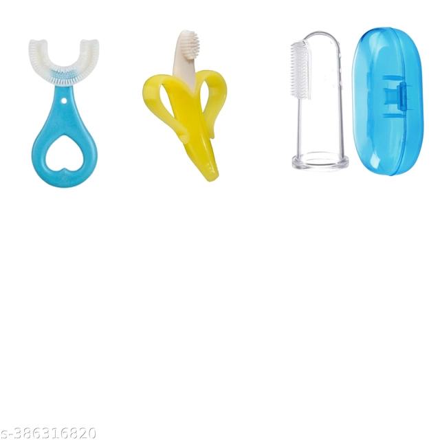 Combo of Silicone U-Shape, Banana Shape & Finger Toothbrushes for Infants (Multicolor, Set of 3)