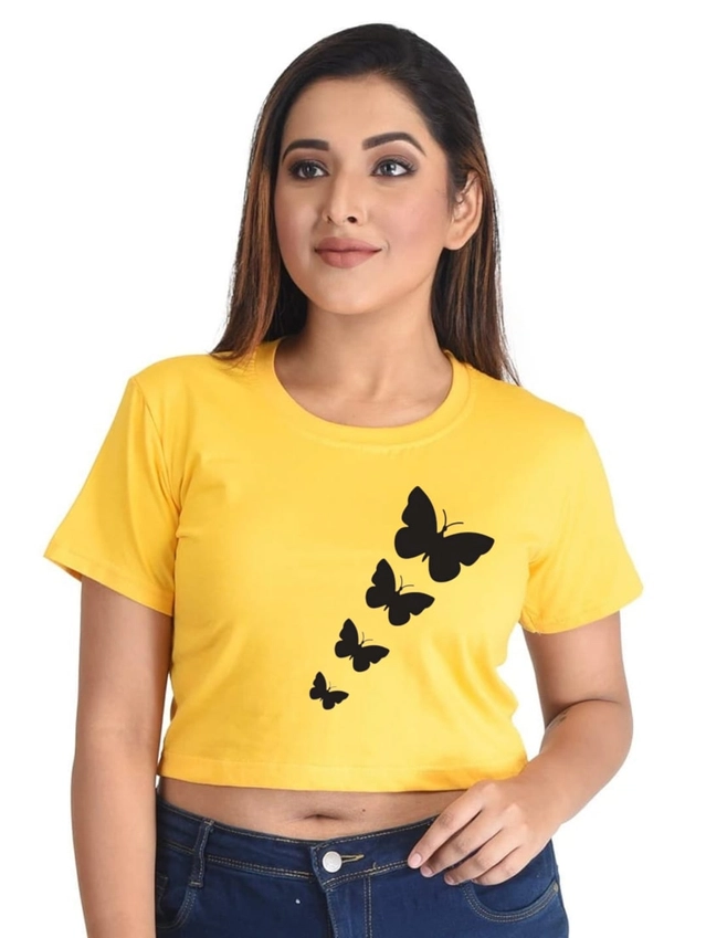 Round Neck Printed Crop T-Shirts for Women & Girls (Red & Yellow, S) (Pack of 2)