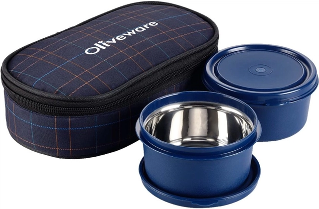 OLIVEWARE Deniz Lunch Box, 2 Stainless Steel Containers, Insulated Fabric Bag 2 Containers Lunch Box (900 ml, Thermoware, Pack of 1)