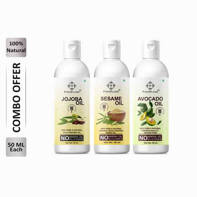 Puriflame Pure Jojoba Oil (50 ml), Sesame Oil (50 ml) & Avocado Oil ( 50 ml) Combo for Rapid Hair Growth (Pack Of 3) (B-11622)