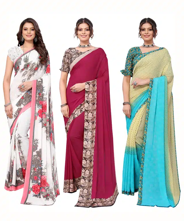 Women's Designer Floral Printed Saree with Blouse Piece (Pack of 3) (Multicolor) (SD-41)
