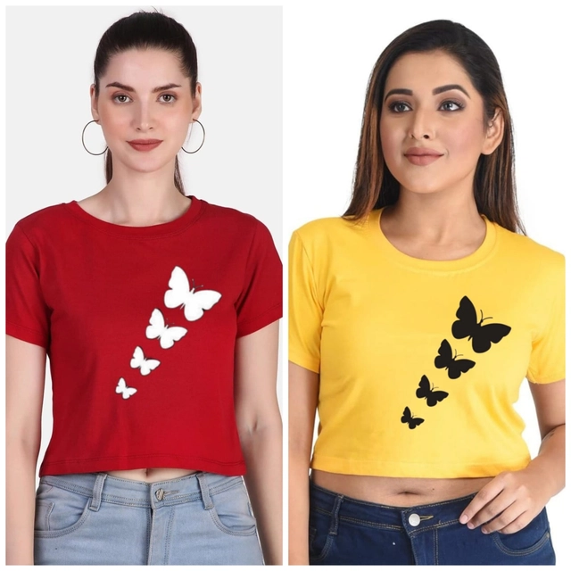 Round Neck Printed Crop T-Shirts for Women & Girls (Red & Yellow, S) (Pack of 2)