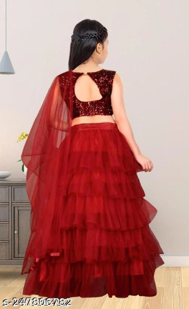 Net Solid Lehenga Choli with Dupatta for Girls (Maroon, 1-2 Years)