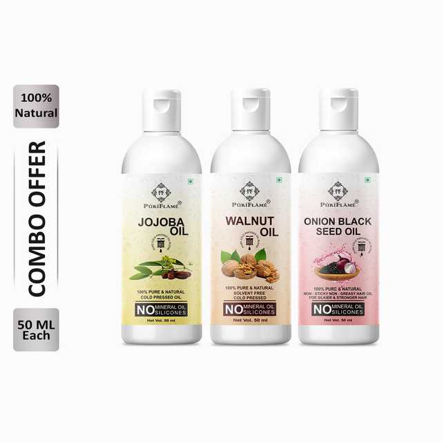 Puriflame Pure Jojoba Oil (50 ml), Walnut Oil (50 ml) & Onion Black Seed Oil (50 ml) Combo for Rapid Hair Growth (Pack Of 3) (B-11650)