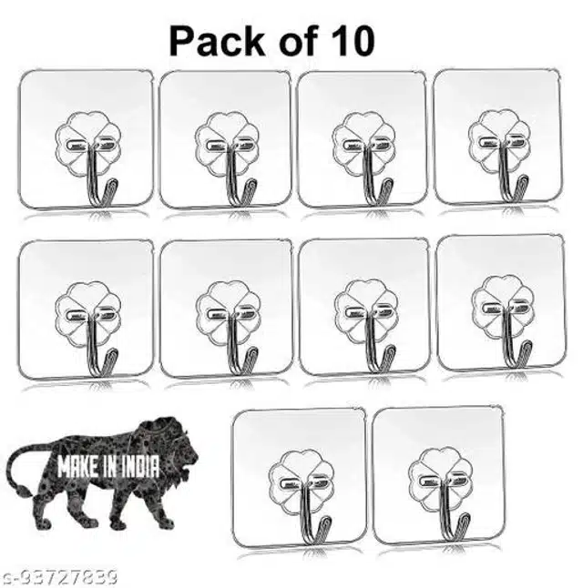 Plastic Adhesive Wall Hooks (Silver & Transparent, Pack of 10)