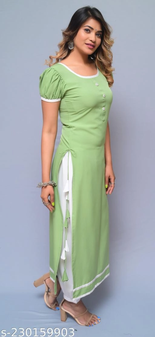 Crepe Solid Kurti with Pant for Women (Sea Green & White, XS)