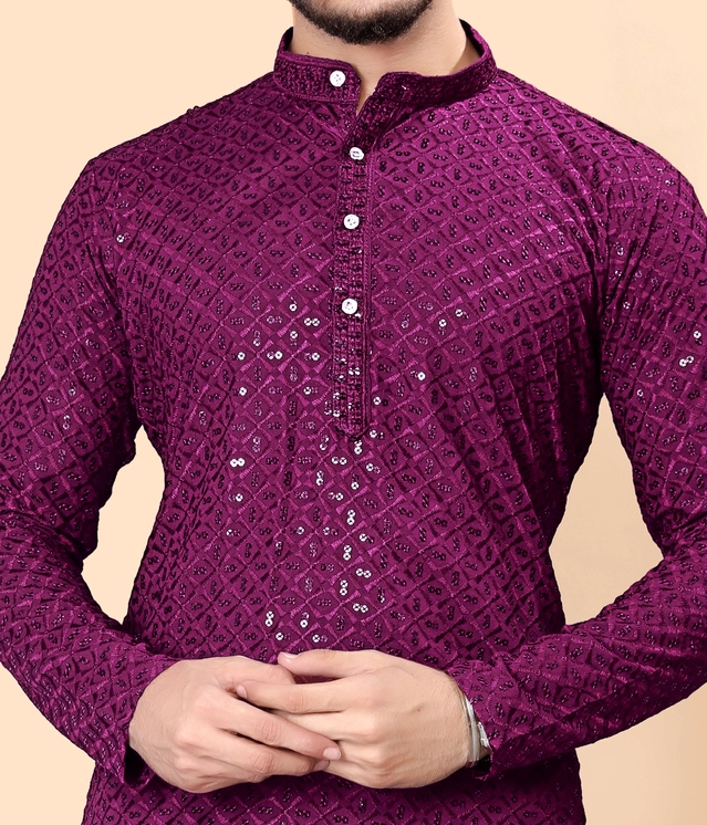 Cotton Blend Embroidered Kurta for Men (Purple, S)