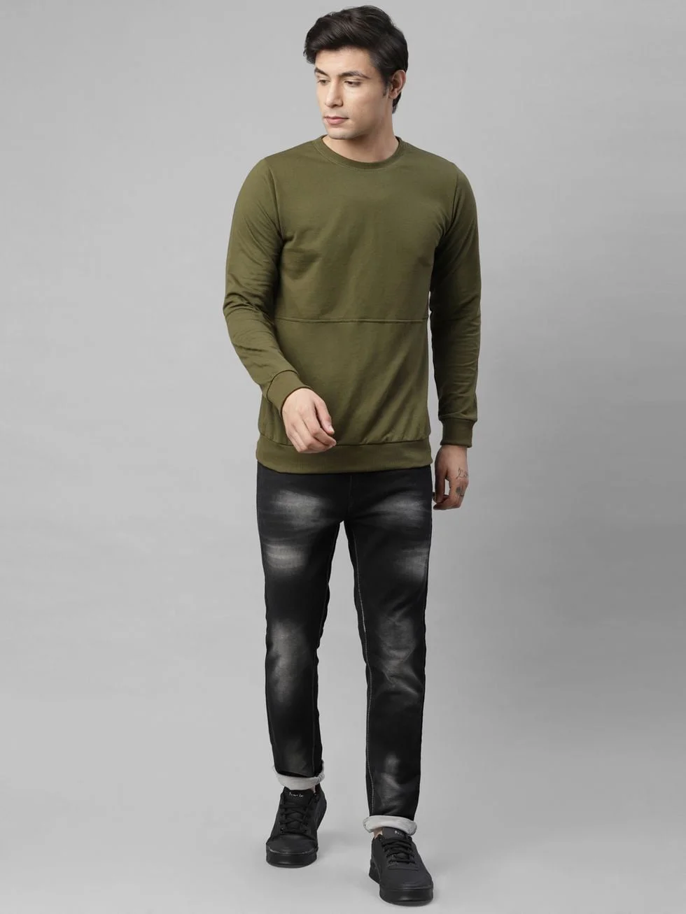 Rigo Men's Cut & Sew Terry Round Neck Sweatshirt (Olive Green, XL)