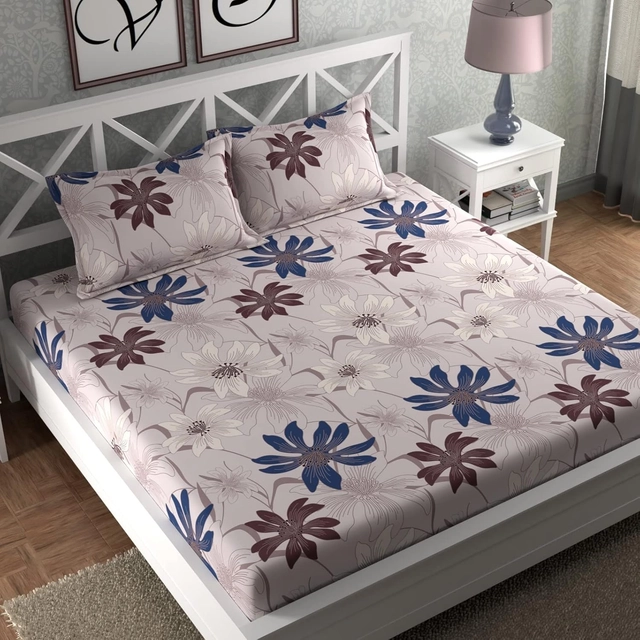 CG Homes 210 TC Flat Double Printed King Size Bedsheet With 2 Pillow Cover Cotton (90 X 100 inches, Grey Flower)