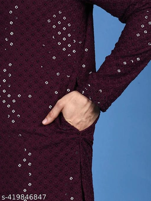 Viscose Embroidered Kurta for Men (S, Wine)