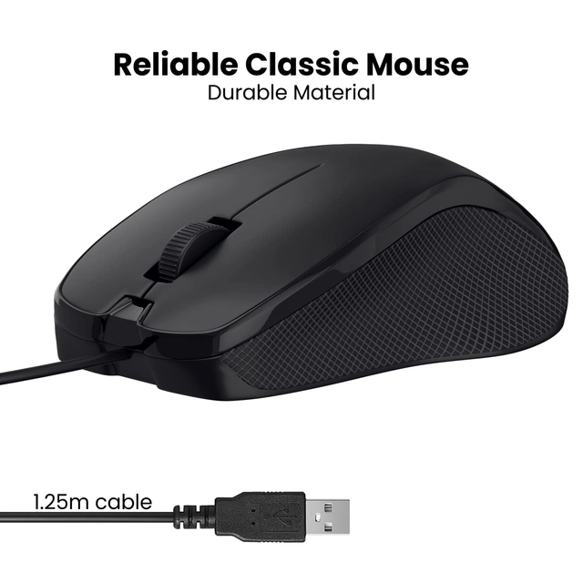 pTron Wired Optical Mouse with 3 Buttons for Computer (Black)