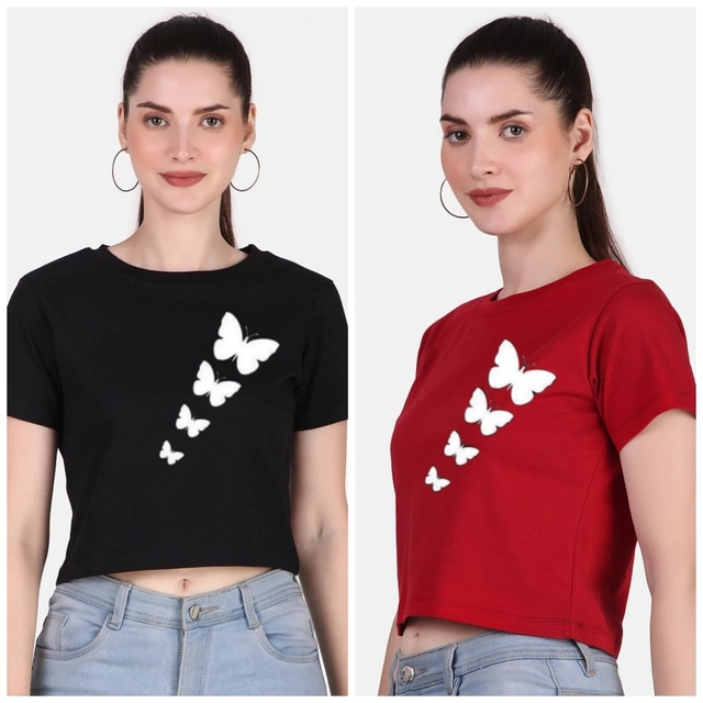 Round Neck Printed Crop T-Shirts for Women & Girls (Black & Red, S) (Pack of 2)