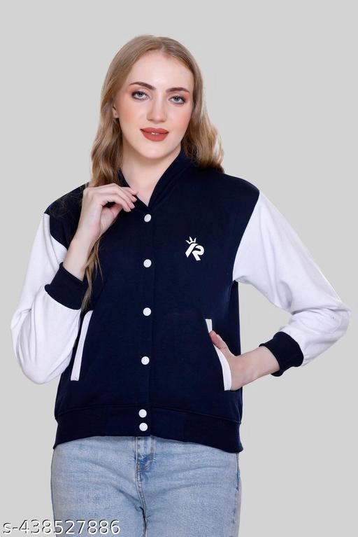 Fleece Solid Jackets for Women (Navy Blue & White, S)