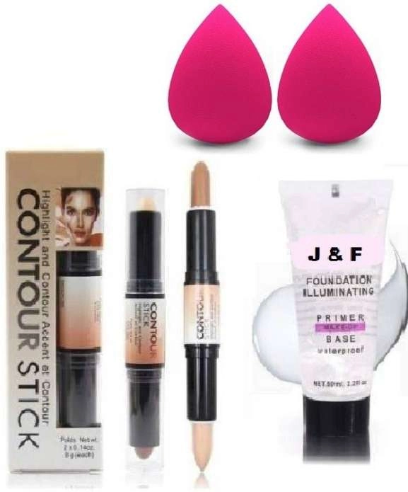 Combo of 2 Pcs Makeup Blenders with Contour Stick & J&F Foundation Primer (50 ml) (Set of 3)