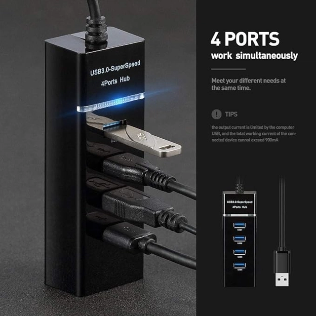 4 Port USB Hub with High Speed Data Transfer Device (Black)