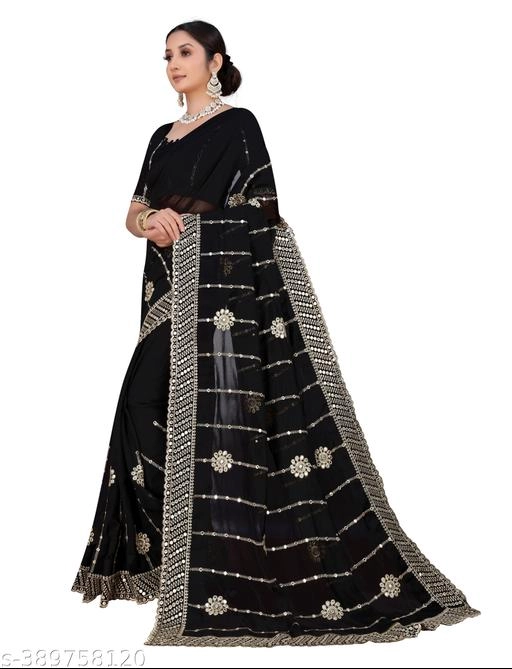 Georgette Embroidered Saree for Women (Black, 6.3 m)